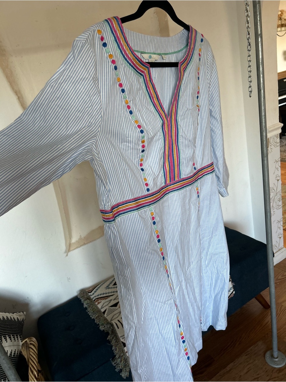 Boden Light Blue Striped Embroidered V-Neck Tunic Dress - Picture 2 of 9